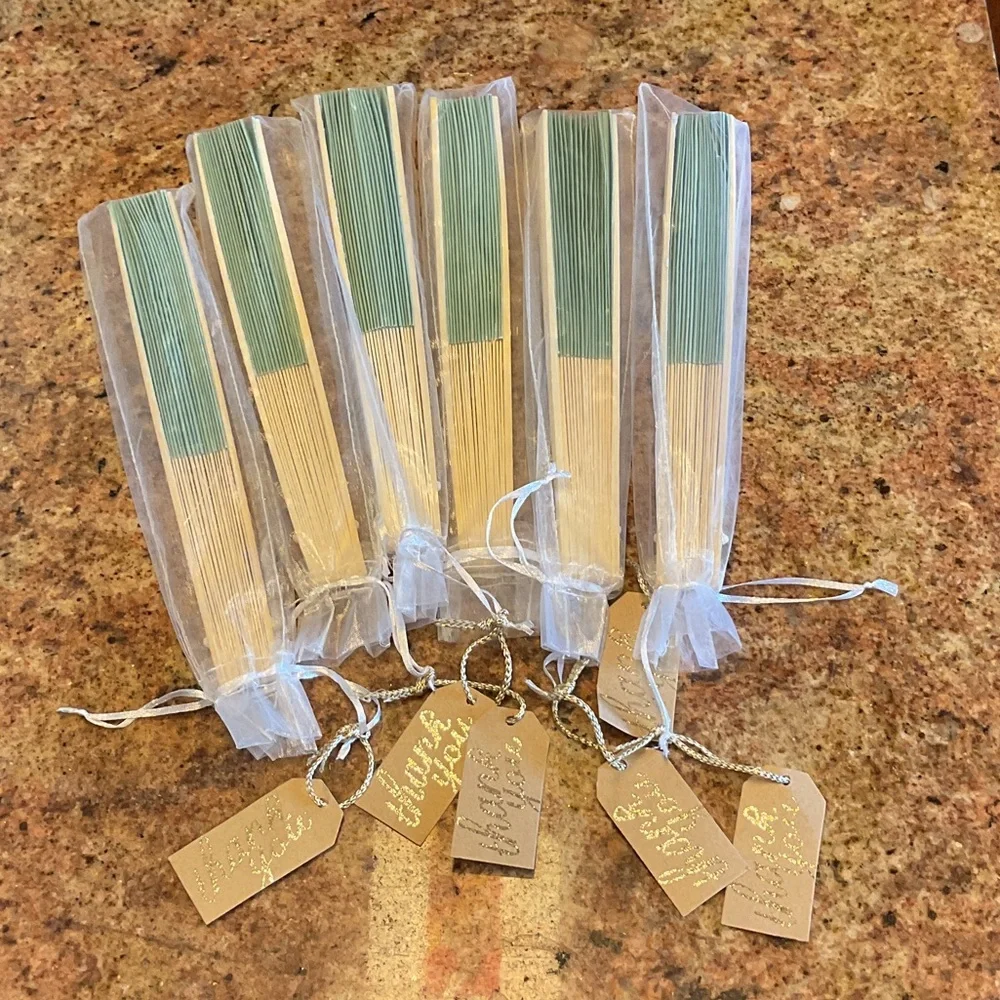 Green Bamboo Hand Fans with Gold 'Thanks' Tags - Elegant Wedding Favor